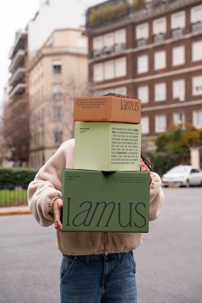 PSD persona sosteniendo maqueta de cajas