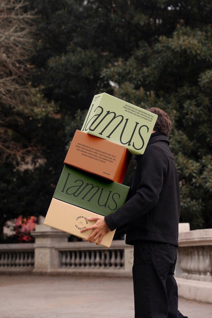 PSD persona sosteniendo maqueta de cajas