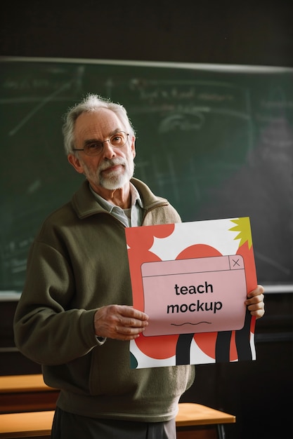 PSD persona sosteniendo una maqueta de cartel en el aula