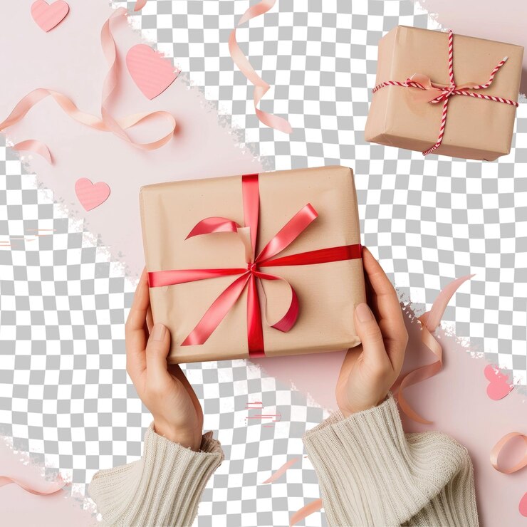 PSD una persona sosteniendo un regalo con una cinta rosa a su alrededor
