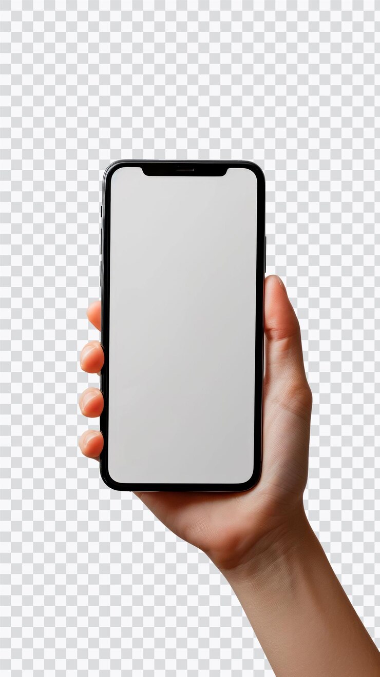 PSD una persona con un teléfono inteligente en blanco en la mano mostrando el diseño elegante del dispositivo móvil y la pantalla táctil