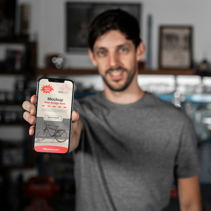 PSD persona con un teléfono inteligente para diseñar y fabricar bicicletas