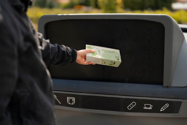 PSD persona tirando basura en el contenedor de reciclaje