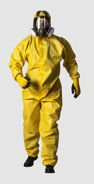 Persona con traje de protección amarillo con respirador