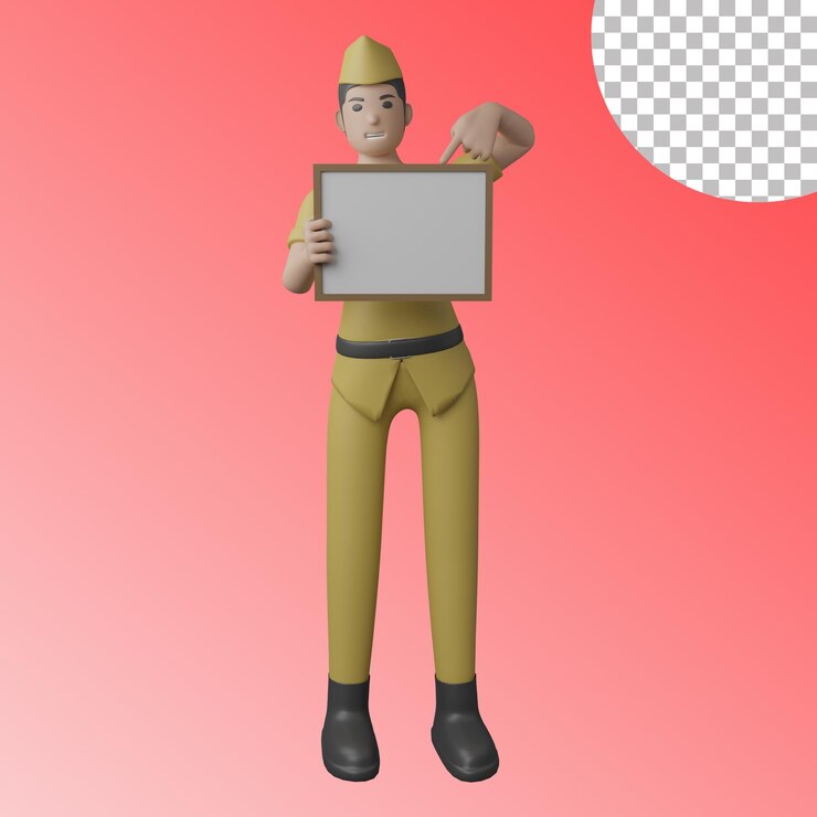 Persona veterana 3d en el podio apuntando al marco de la foto