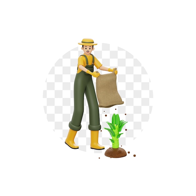 Personagem 3D Agricultor masculino dá fertilizante