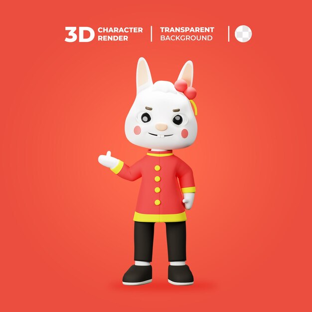 Personagem 3D Coelho Ano Novo apontando
