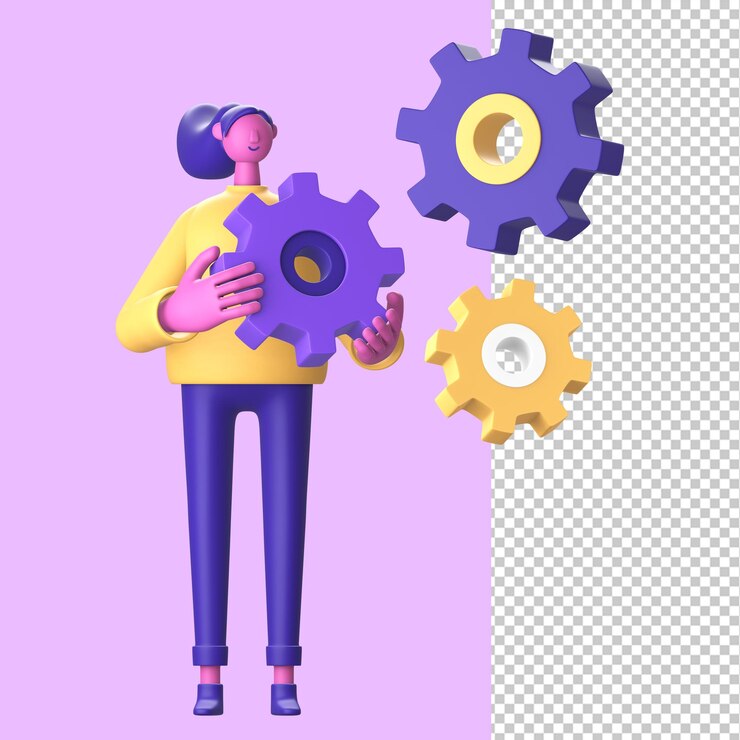 PSD personagem 3d com engrenagem de configuração para aplicativos móveis da web ui ux mídias sociais