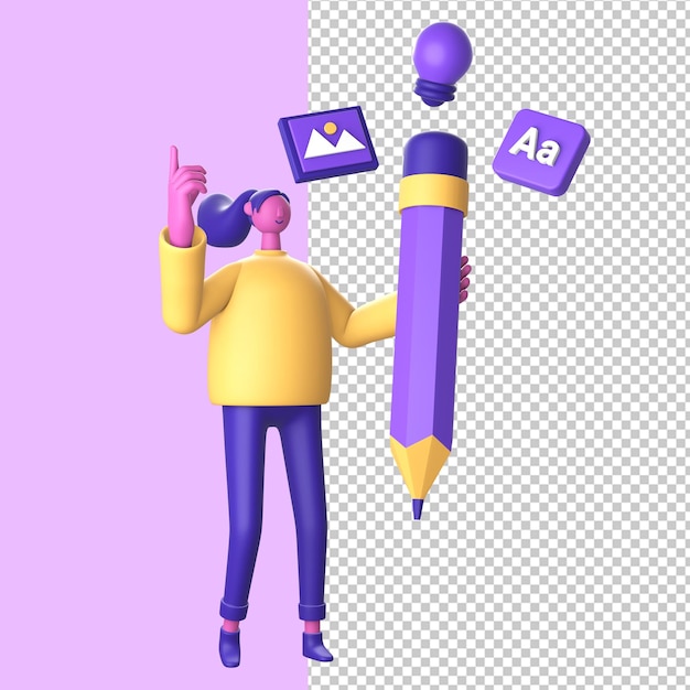 PSD personagem 3d com pensamento criativo para mídia social de aplicativos móveis da web ui ux