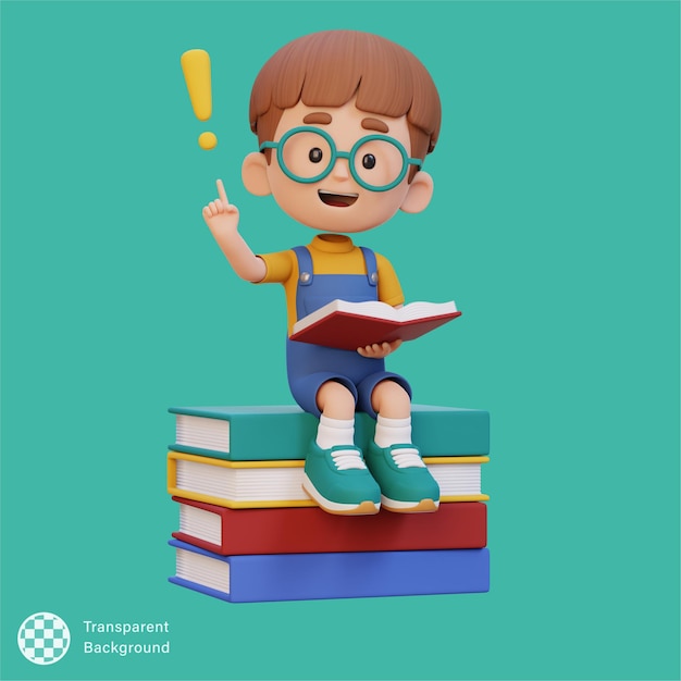 Personagem 3D criança ter uma ideia ao ler um livro