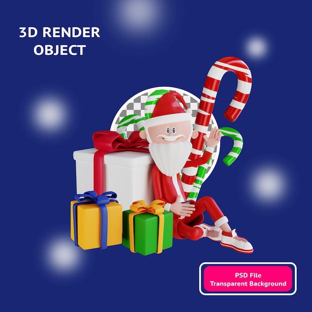 Personagem 3d de papai noel sentado ao lado do objeto de ilustração de presentes e doces renderizado