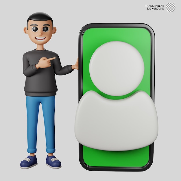 PSD personagem 3d do homem com grande smartphone