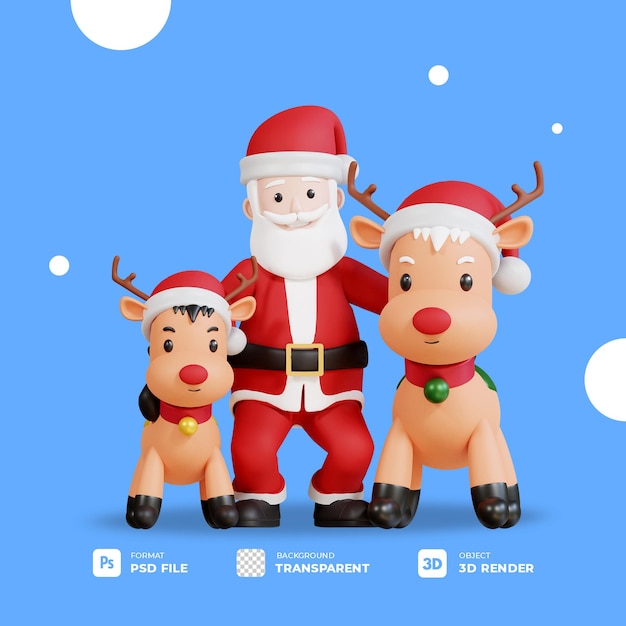 PSD personagem 3d do mascote do papai noel sorrindo com renas