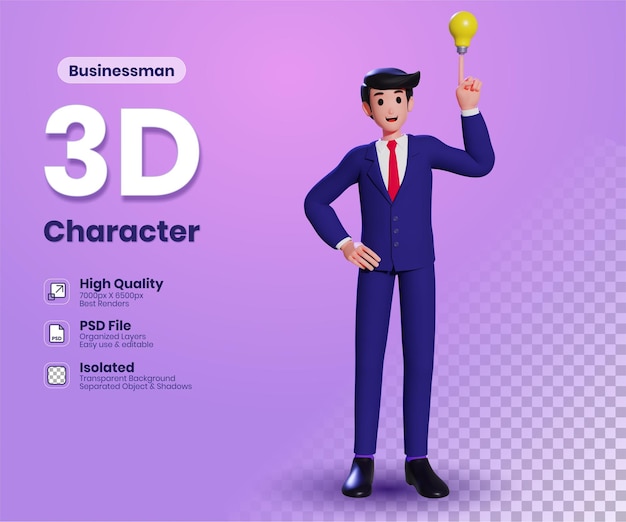 Personagem 3d empresário segurando a mão na cintura e apontar para um símbolo de ideia