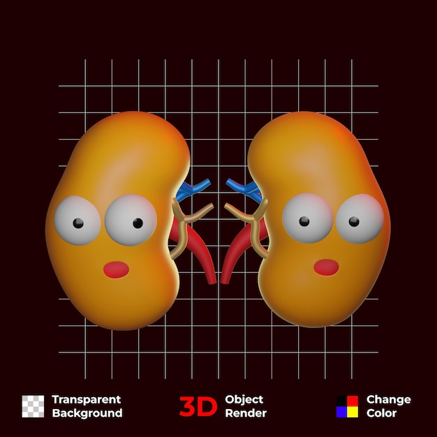 PSD personagem 3d engraçado grátis de órgãos internos de rins humanos fundo transparente e mudança de cor psd