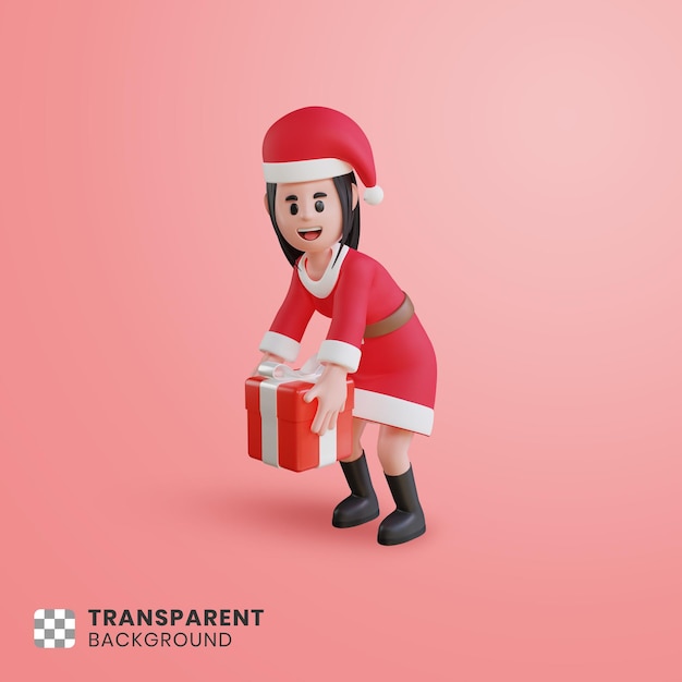 Personagem 3d feminina com fantasia de papai noel segurando uma caixa de presente