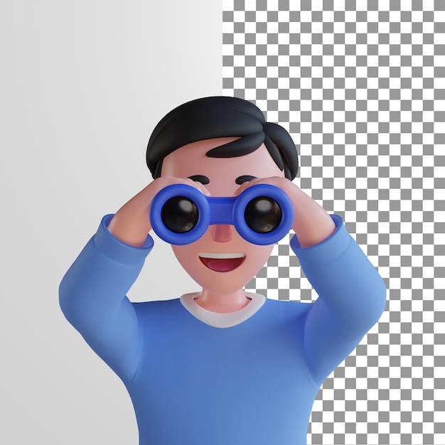 PSD personagem 3d masculina procurando algo com binóculos