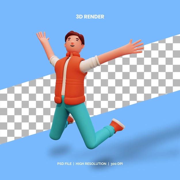 Personagem 3D masculina pula e feliz