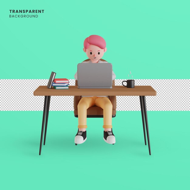 Personagem 3d masculina trabalhando em um laptop