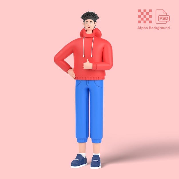 Personagem 3D masculino mostrando sinal ou gesto de golpes