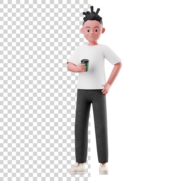 Personagem 3d masculino segurando uma xícara de café