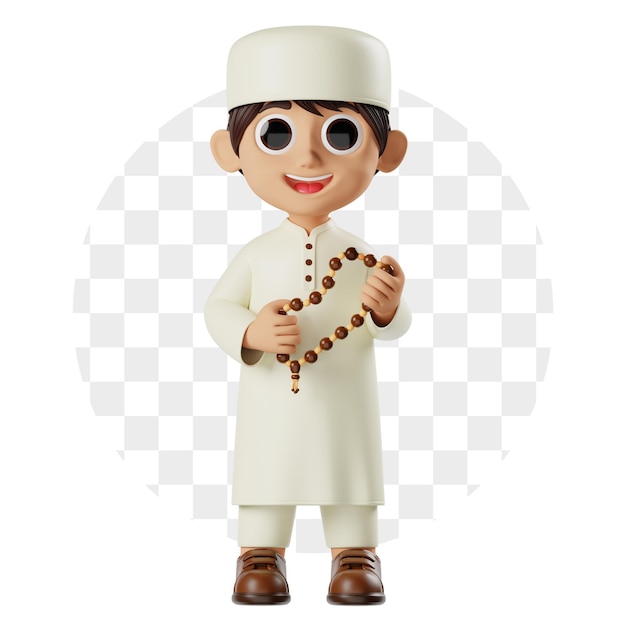 Personagem 3D Menino Ramadan segurando contas de oração