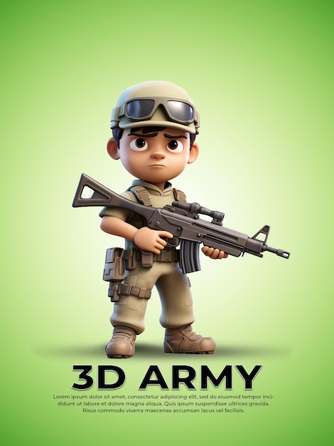 Personagem 3D pixar do jovem exército