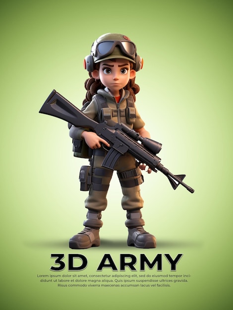 Personagem 3D pixar do jovem exército