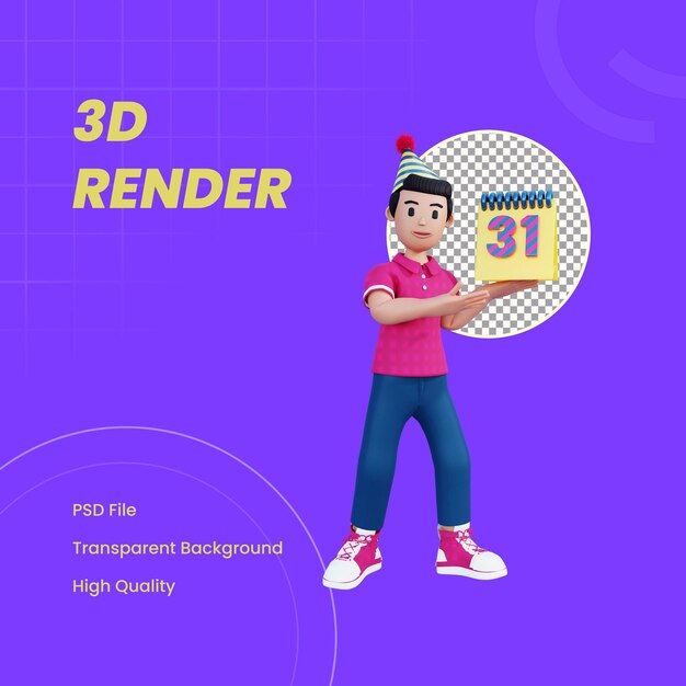 PSD personagem 3d segurando o calendário de véspera de ano novo