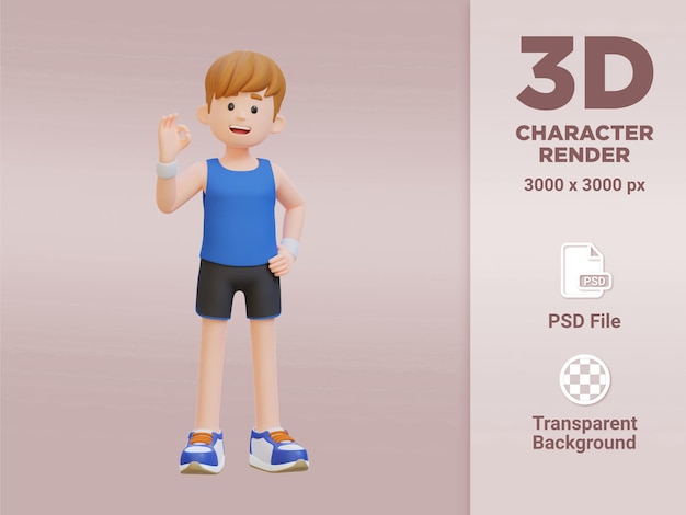 PSD personagem 3d sportsman irradiando positividade com o gesto de sinal ok em uma cena vibrante