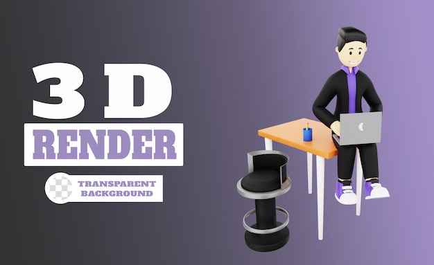 Personagem 3d trabalhando com laptop