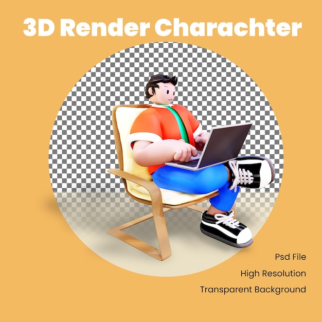 Personagem 3d usando laptop na cadeira