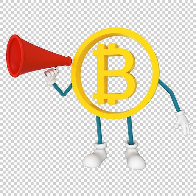 PSD personagem bitcoin com renderização 3d de megafone vermelho