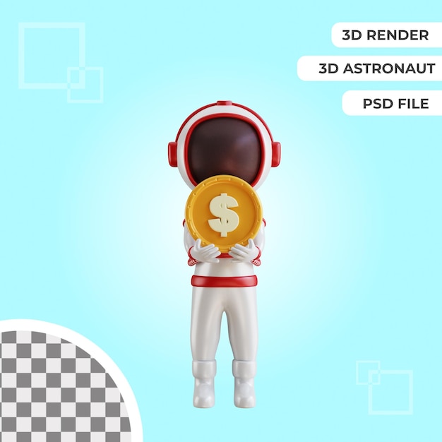 Personagem de astronauta 3d traz moeda de dólar psd premium isolado