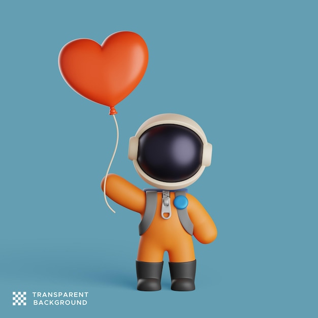 Personagem de astronauta segurando um balão de amor vermelho. ilustração de renderização 3D