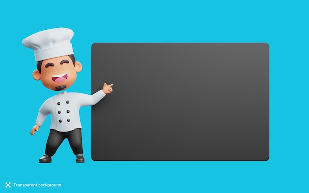 Personagem de chef bonito com uma ilustração 3d de banner preto em branco