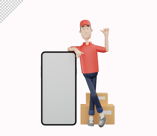 PSD personagem de correio 3d inclinado na tela do telefone na ilustração de renderização 3d de fundo branco