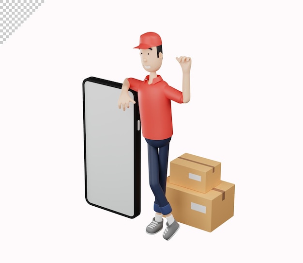 Personagem de correio 3d inclinado na tela do telefone na ilustração de renderização 3d de fundo branco