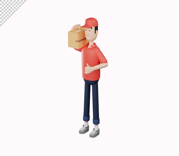 Personagem de correio 3d segurando papelão enquanto dá os polegares para cima no fundo branco ilustração 3d render