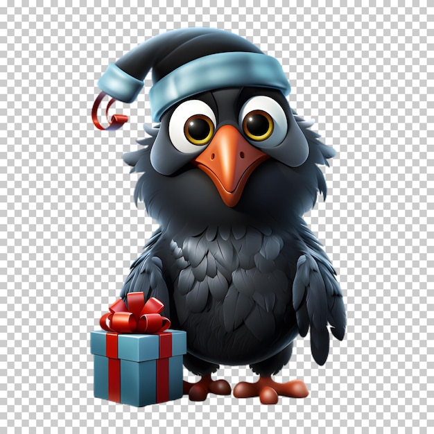 PSD personagem de corvo bonito vestindo chapéu de papai noel com fundo transparente