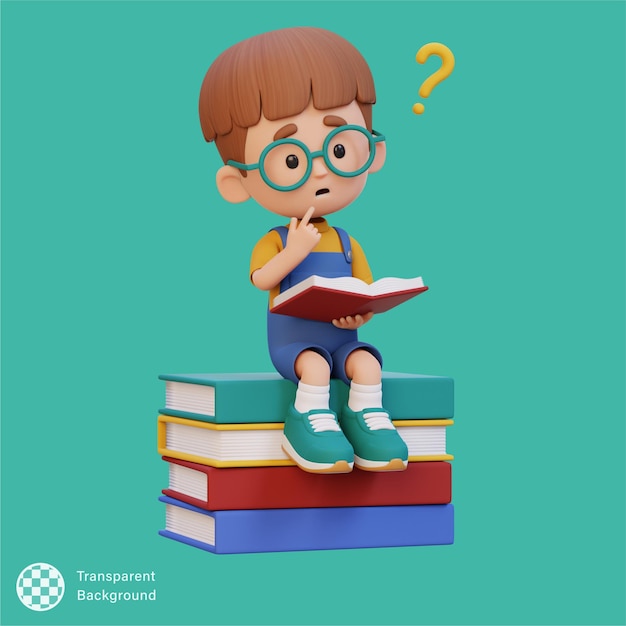 Personagem de criança 3D ficar confuso ao ler um livro
