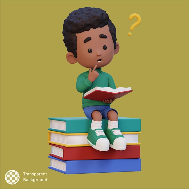 Personagem de criança 3D ficar confuso ao ler um livro