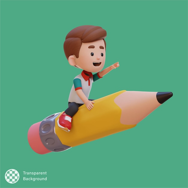 PSD personagem de criança 3d montando um lápis e apontando a mão