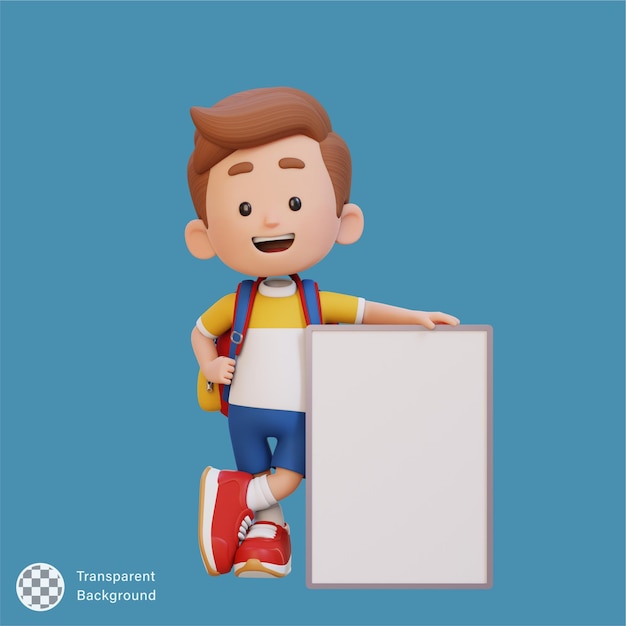 Personagem de criança 3D segurando um cartaz em branco
