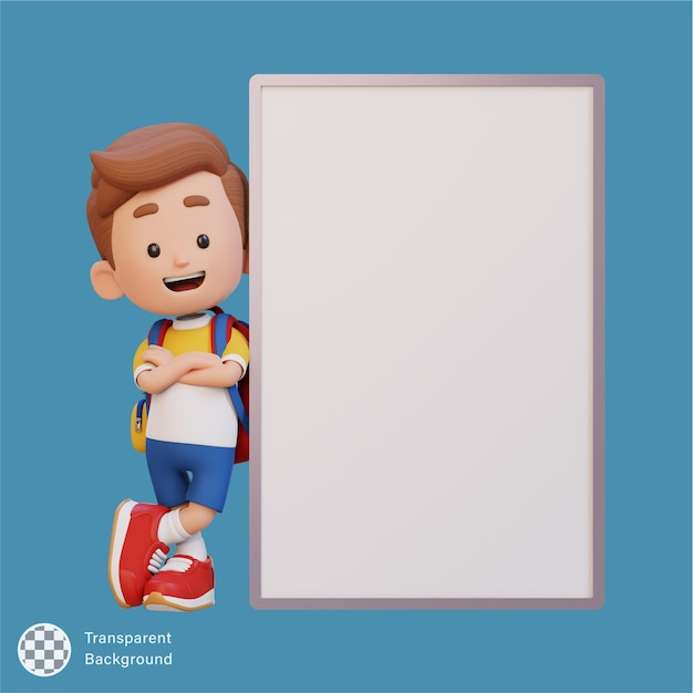 Personagem de criança 3D segurando um cartaz em branco
