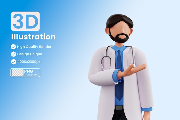 Personagem de desenho animado 3D Doctor vestindo jaleco branco e estetoscópio