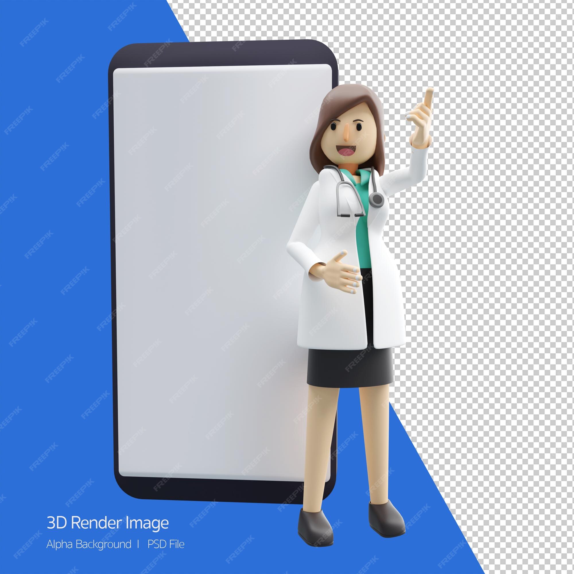 Ilustração 3d de personagem de desenho animado de um sorriso feliz médico  feminino segurando está dando recomendaçãoconceito de ilustração de clínica  hospitalar médica