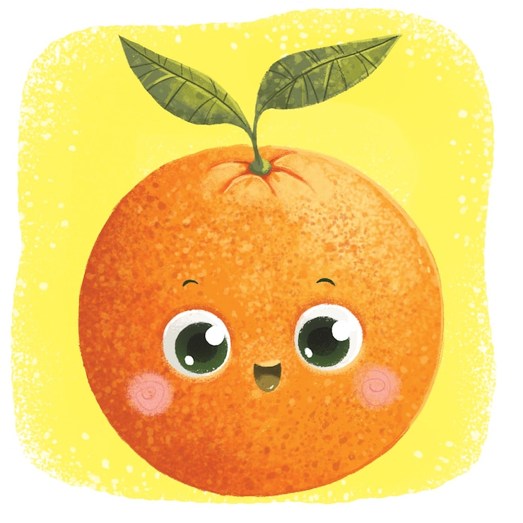 PSD personagem de desenho animado de fruta de laranja feliz estilo kawaii isolado em fundo amarelo