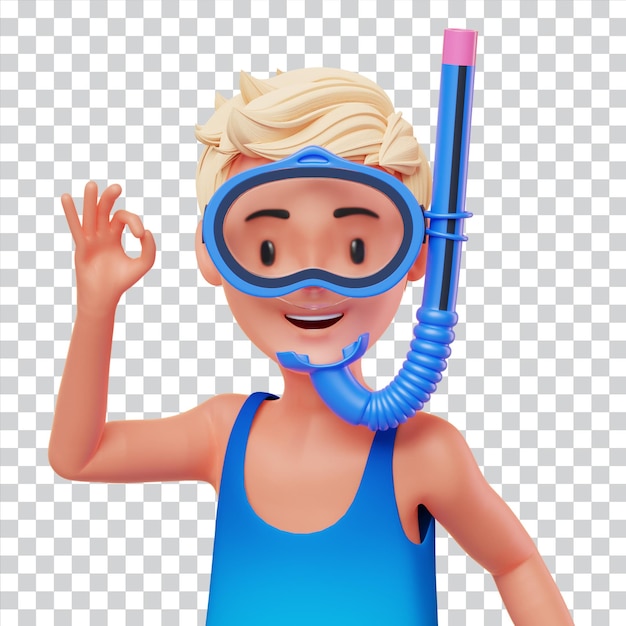 Personagem de desenho animado de ilustração 3D de um homem bonito com um snorkel em suas férias de verão