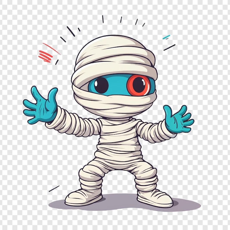 PSD personagem de desenho animado de múmia com olhos grandes ilustração divertida de halloween para crianças